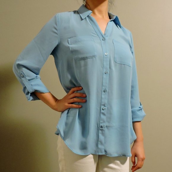 Talbots Cyan Blue Shirt with Front Pockets and Rolled-up Sleeves - Picture 3 of 10